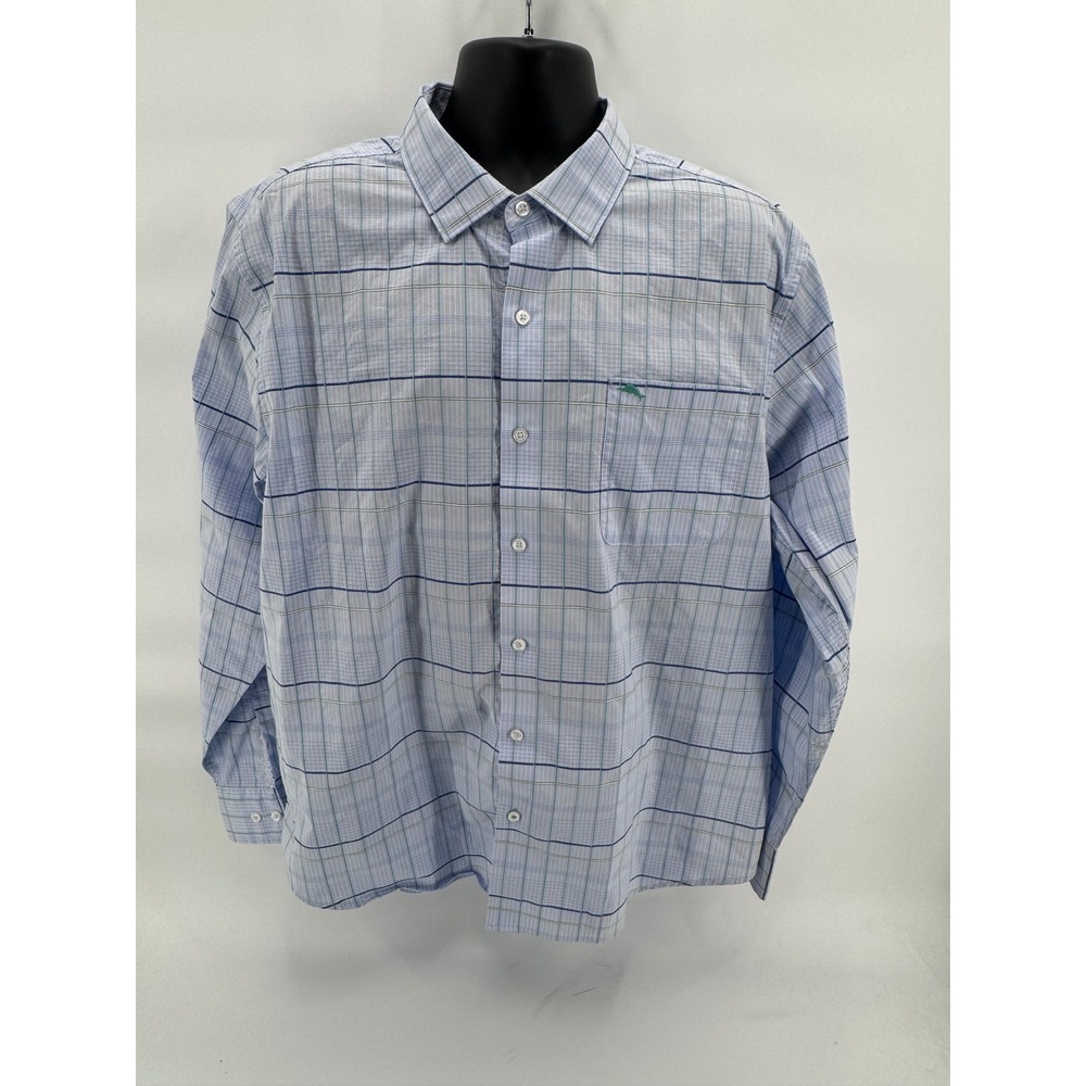 Tommy Bahama Mens XL Long Sleeve Plaid Stretch Button Down Shirt Green Fish Logo - Picture 2 of 5